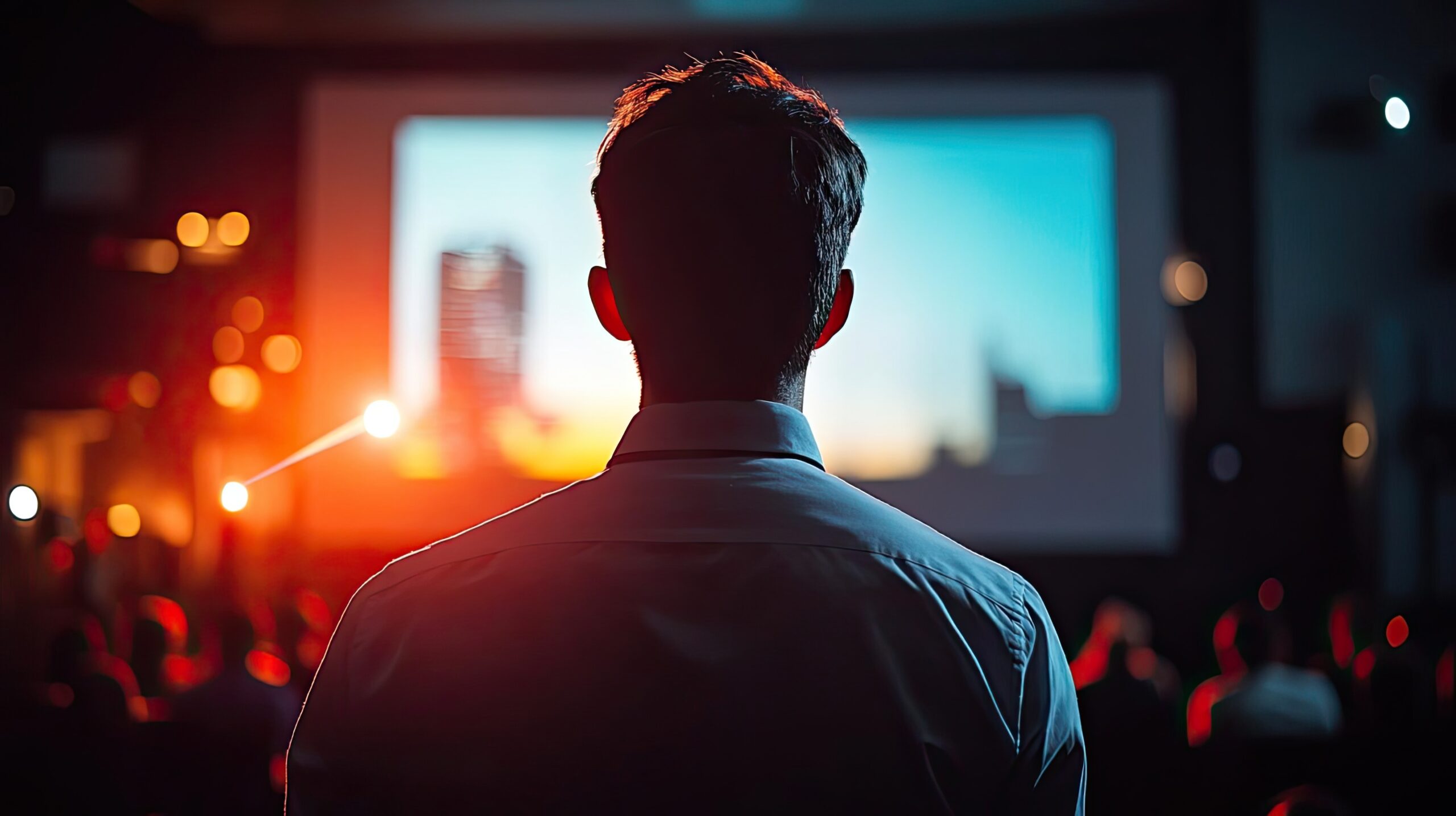 A startup pitch competition with a young entrepreneur presenting on stage, using a projector and a laser pointer, capturing the excitement and challenge of pitching ideas