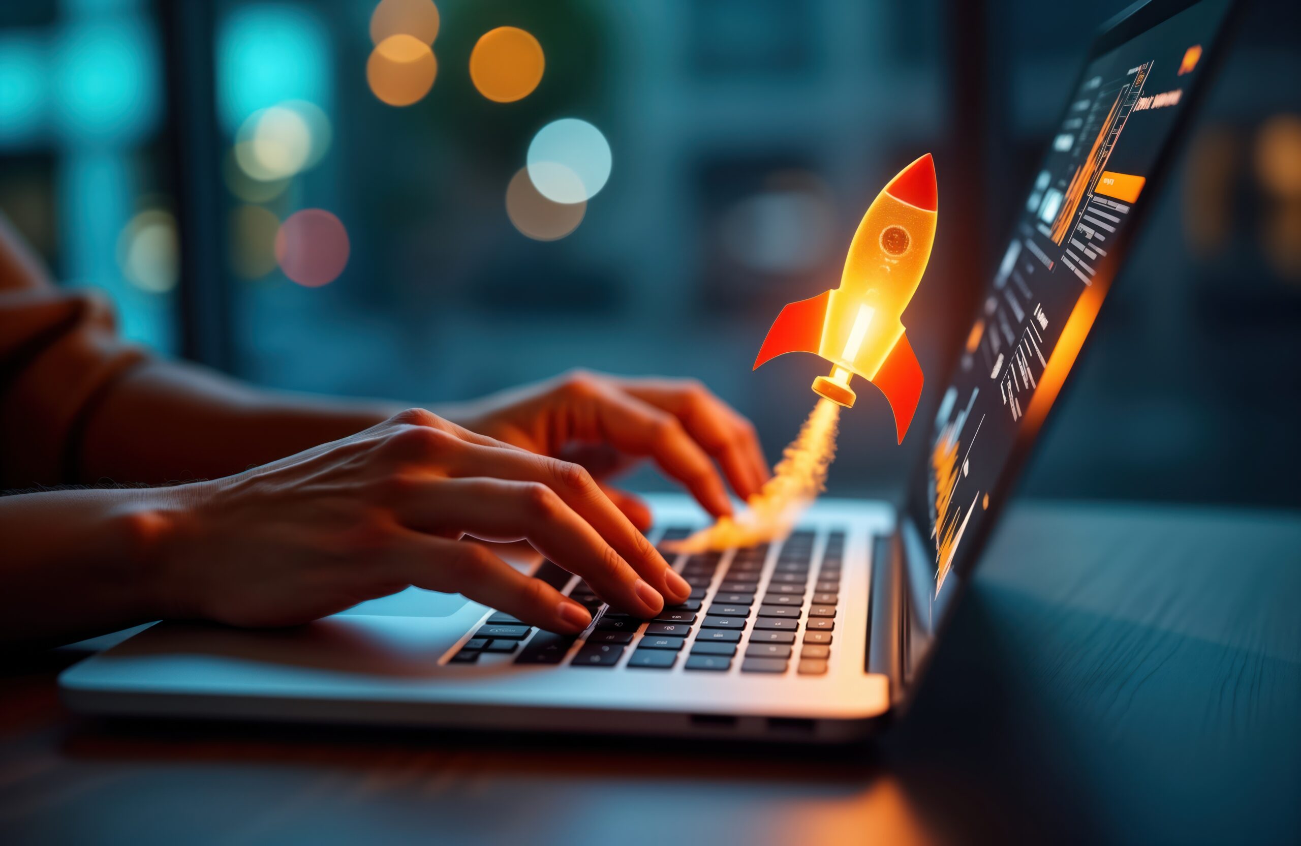 Person types on laptop. Rocket graphic flies above keyboard. Startup business growth concept. Digital marketing, innovation. Tech business plan strategy. Future economic progress. Financial