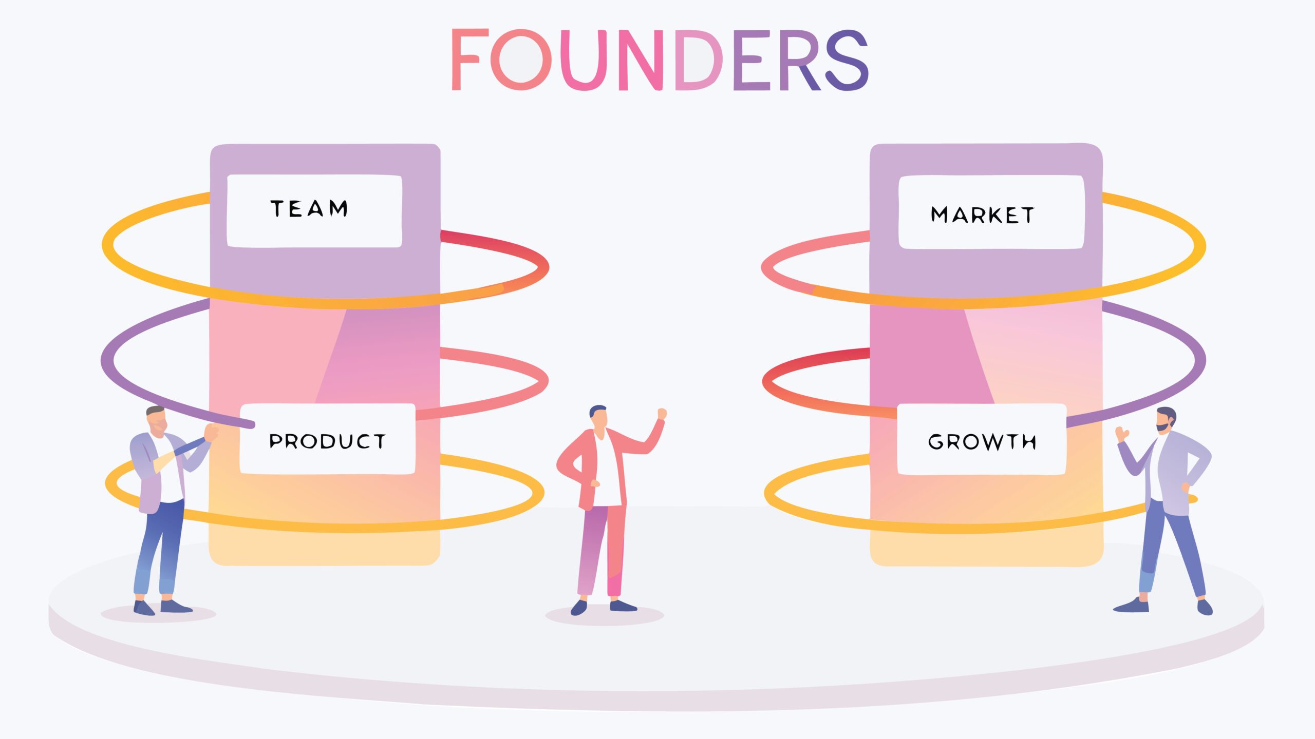 Illustration of founders with team product market and growth connected by colorful lines in light setting